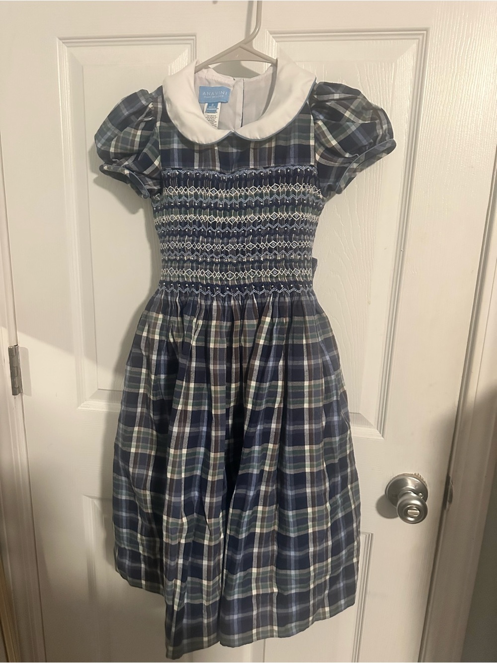 ANAVINI Classic Navy Plaid Smocked Dress with White Peter Pan Collar - Girls